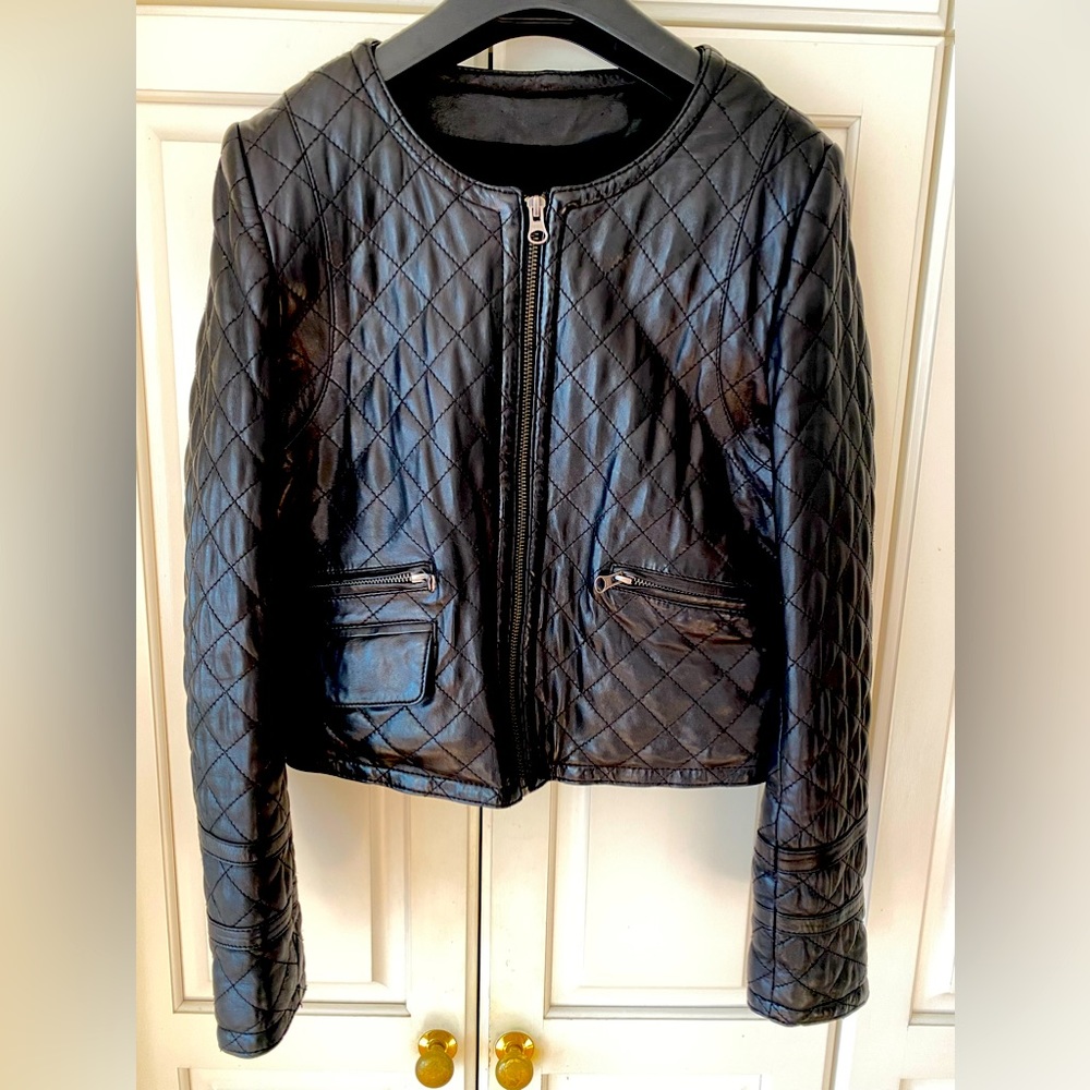 Leather Black cropped Jacket lamb skin full zip Women's XS by IGGA